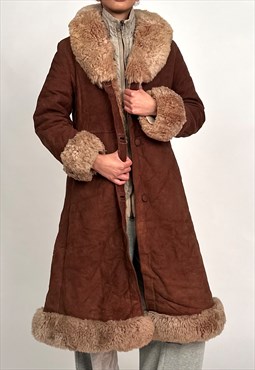 70s Brown Faux Fur Trim Suede Long Afghan Coat