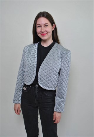 Y2K QUILTED BLAZER, VINTAGE SILVER CROP JACKET, 00S FRANCE