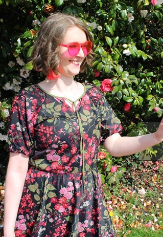 VINTAGE BLACK & PINK FLORAL MIDI DRESS WITH PUFF SLEEVES
