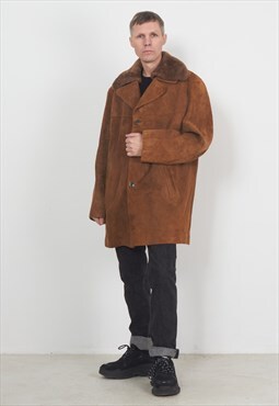 Vintage Brown Leather Sherpa Coat