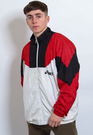 VINTAGE ASICS LOGO SHELL JACKET IN WHITE, BLACK AND RED XL