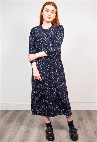 VINTAGE 80'S BLACK POLKA DOT PATTERN LONG SLEEVE MIDI DRESS