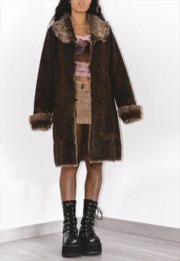 Y2k Embroidered Brown Faux Fur Trim Coat