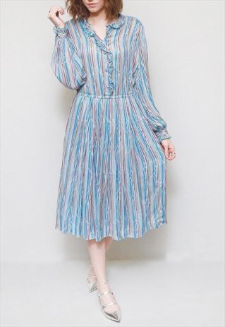 VINTAGE 1970'S BLUE & SILVER STRIPE RUFFLE MIDI DRESS.