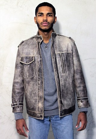 VINTAGE WORN LOOK PADDED LEATHER JACKET A252