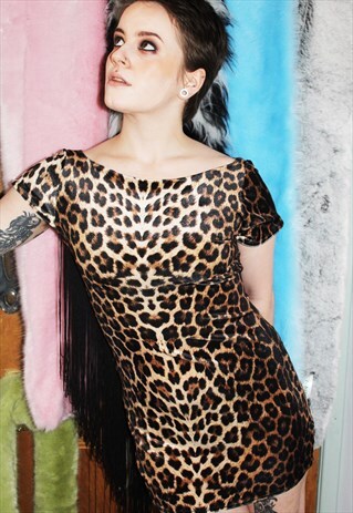 LEOPARD FRINGED VELVET MINI DRESS