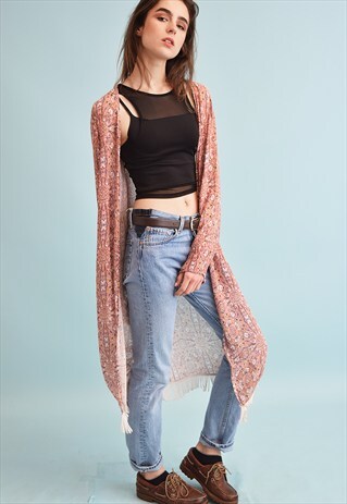 90'S BOHO FESTIVAL PAISLEY PATTERN FRINGE KIMONO TOP