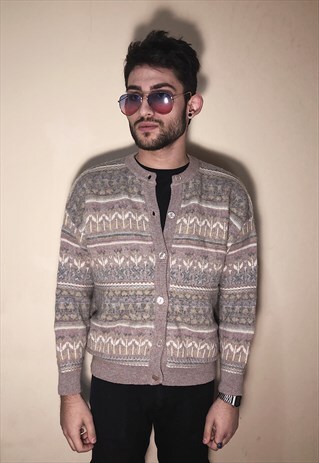 STEFANEL VINTAGE PASTEL ETHNIC PATTERNED WOOL CARDIGAN