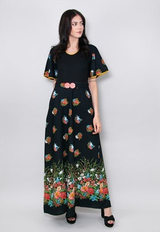 70's Vintage Ladies Black Floral Fluted Sleeve Maxi Dress