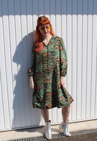 VINTAGE 80'S GREEN PAISLEY FESTIVAL DRESS WITH PUFF WRISTS