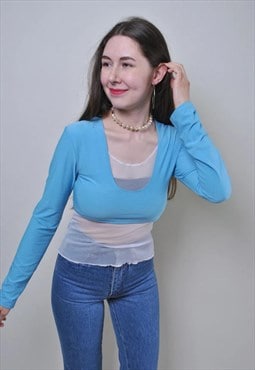 Vintage blue transparent blouse, 90s woman pullover shirt 