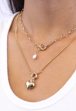 Layered 18k Gold Pearl Lock Chain Heart Pendant Necklace 