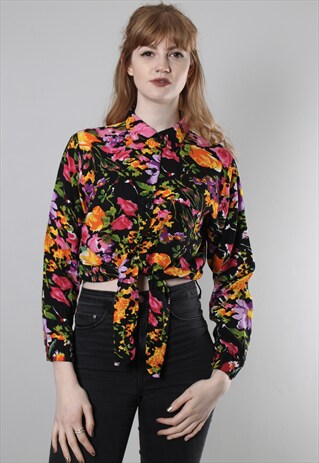 VINTAGE 80S BLACK FLORAL PATTERNED CROPPED TIE SHIRT