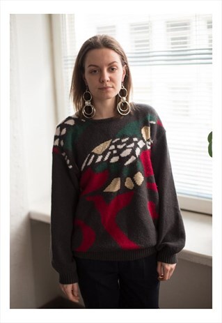 VINTAGE 80'S GREY ABSTRACT WOOL JUMPER