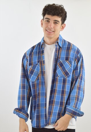 VINTAGE BLUE PLAID FLANNEL CHECK SHIRT