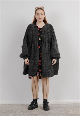 Vintage 90s Balloon Style Oversized Knitted Grey Cardigan 
