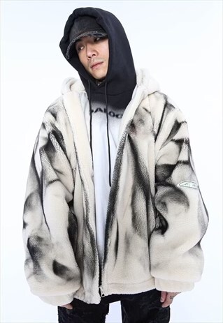 GRAFFITI FLEECE JACKET FAUXFUR COAT BEAR HOOD TIE-DYE BOMBER