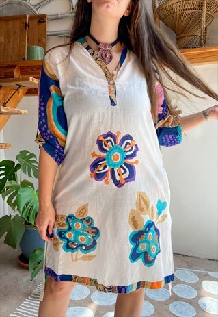 VINTAGE 90'S HIPPIE FLOWER POWER TUNIC DRESS - M