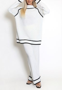 High Neck Knitted Jumper And Wide Leg Trouser Set In Cream