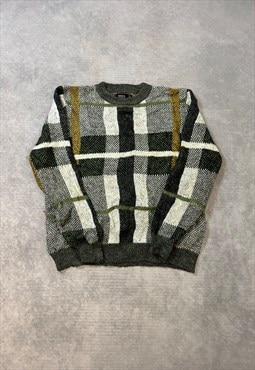 Abstract Knitted Jumper Checked Patterned Grandad Sweater