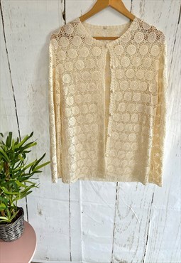 Vintage Floral Patterned Boho Lace Crochet 70's Cardigan