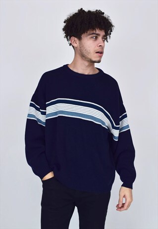 VINTAGE 90'S NAVY WHITE & BLUE KNITTED JUMPER
