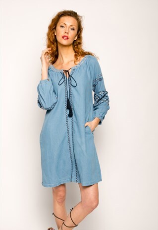 FLORAL EMBROIDERED DENIM LONG SLEEVES DRESS BLUE CY