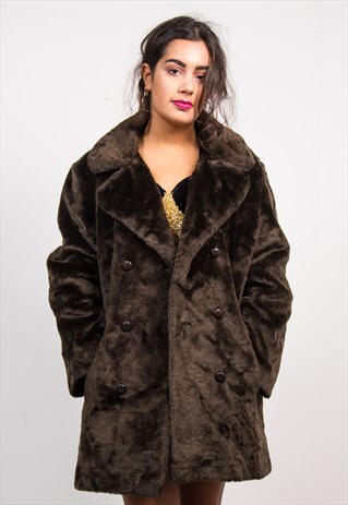 80'S VINTAGE DARK BROWN FAUX FUR COAT
