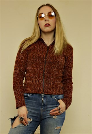 VINTAGE 90'S ORANGE RIBBED KNIT HIGH NECK ZIP UP SWEATER