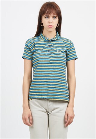 VINTAGE BLUE ADIDAS STRIPED SHORT SLEEVE POLO SHIRT TOP
