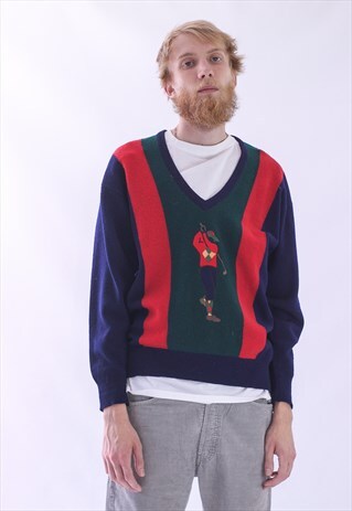 80S VINTAGE MENS JAEGER GOLF V-NECK JUMPER SWEATER