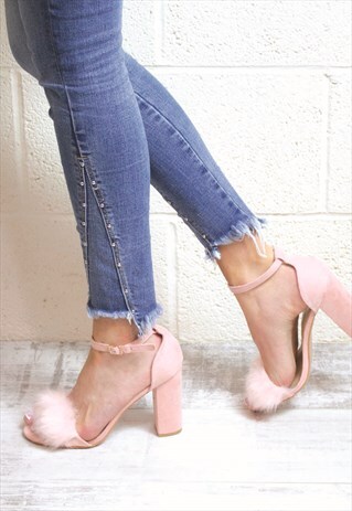 PINK FLUFFY BLOCK HEEL BARELY THERE SANDALS