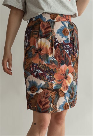 VINTAGE 70S FLORAL PENCIL SKIRT IN BROWN