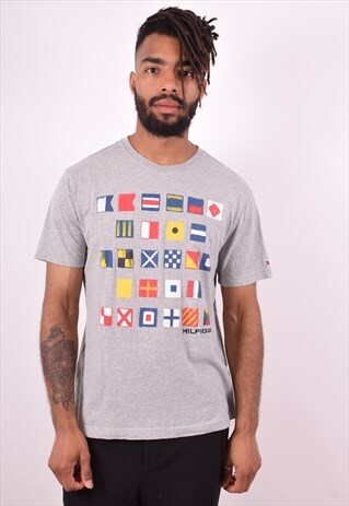 TOMMY HILFIGER MENS VINTAGE T-SHIRT TOP LARGE GREY 90S