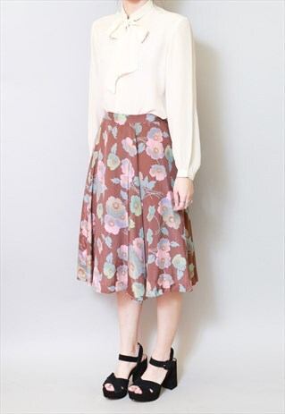 VINTAGE 1970'S PASTEL FLOWER PRINT SILK MIDI SKIRT