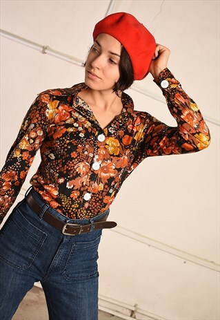 70'S RETRO FESTIVAL MOD FLORAL PRINT PARIS CHIC SHIRT TOP