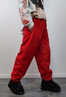Red faux fur joggers winter raver pants fluffy ski trousers