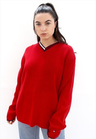 90'S RETRO RED V-NECK KNIT SWEATSHIRT