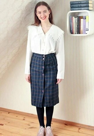 NAVY BROWN CHECKED WOOL SKIRT