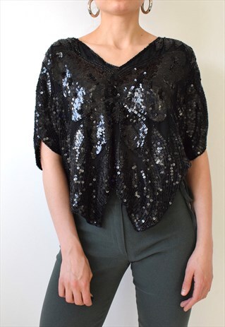 SLINKY VINTAGE 80S BEADED SEQUIN BUTTERFLY DISCO TOP