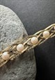 VINTAGE 70'S GOLD METAL WOVEN NECKLACE PEARL BEADS