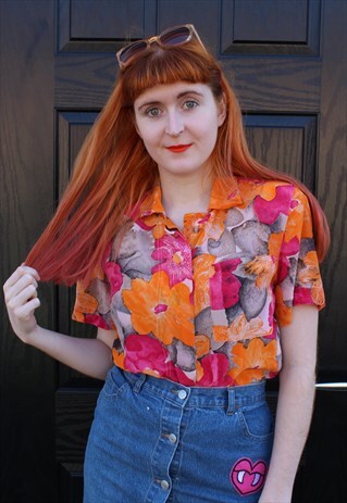 VINTAGE 80'S ORANGE & PINK FLORAL BLOUSE TOP