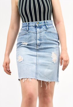 Vintage distressed denim skirt in grunge style