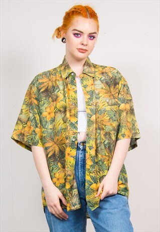 VINTAGE 90'S GREEN FLORAL HAWAIIAN STYLE OVERSIZED SHIRT