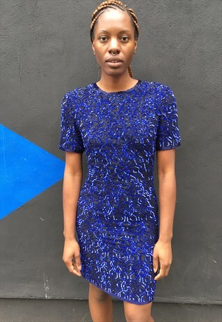1980'S SILK BLUE SEQUIN DRESS