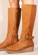 AYLEEN WEDGE HEEL KNEE HIGH BOOTS WITH ELASTIC PANEL IN TAN