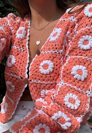 LAZY DAISY CROCHET CARDIGAN IN CORAL WITH COCONUT BUTTONS