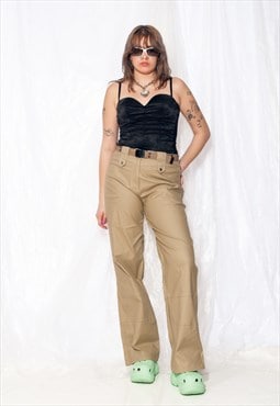 Vintage Cargo Trousers Y2K Wide-leg Flare Pants in Beige