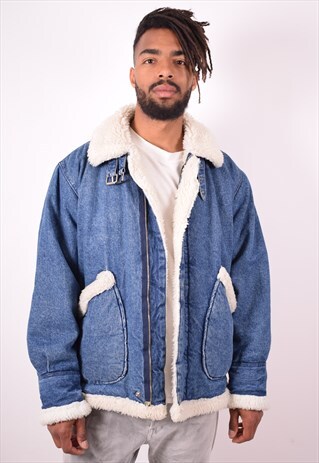 CASUCCI MENS VINTAGE SHERPA DENIM JACKET MEDIUM BLUE 90S
