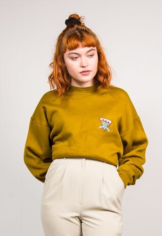 90'S VINTAGE KHAKI GREEN EMBROIDERED USA SWEATER